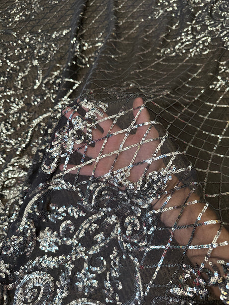 Stretch Sequin Lace on Black Mesh
