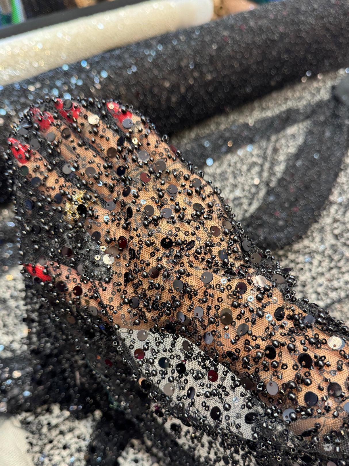 Beaded Sequin Pearl Mesh Lace Black