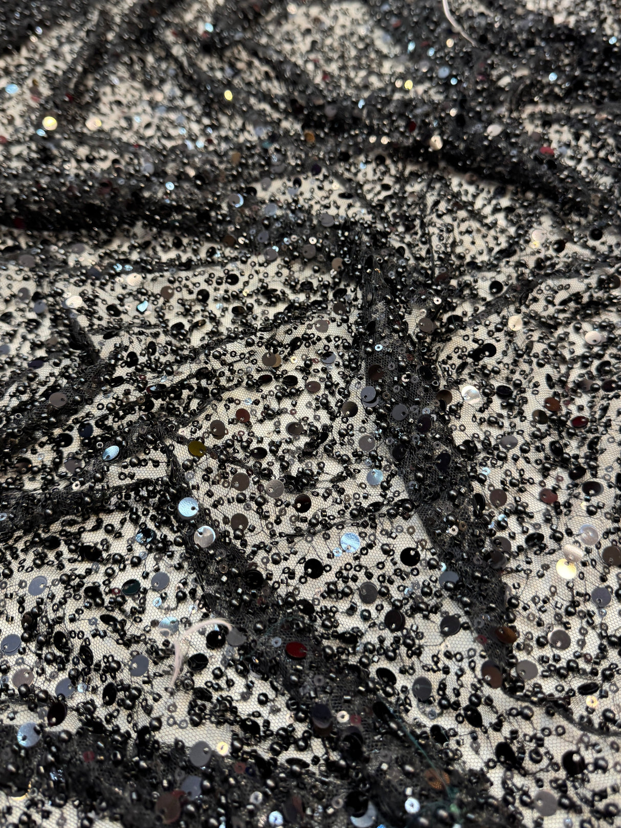 Beaded Sequin Pearl Mesh Lace Black
