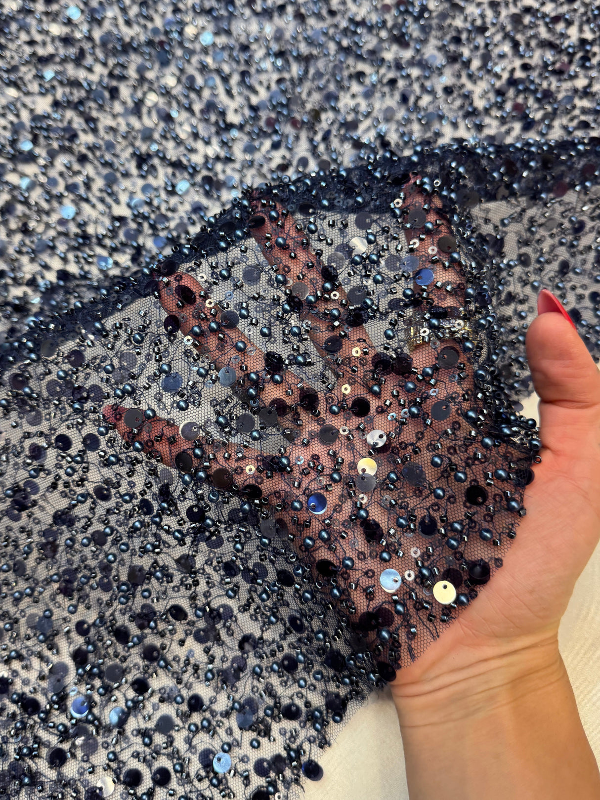Beaded Sequin Pearl Mesh Lace Navy