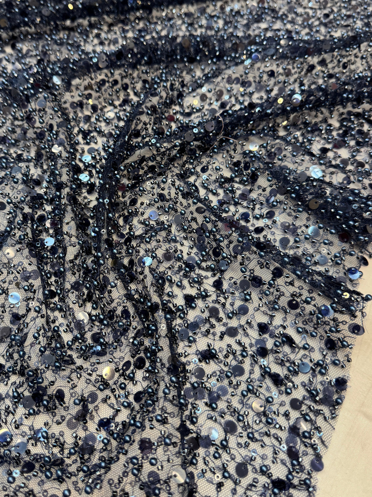 Beaded Sequin Pearl Mesh Lace Navy