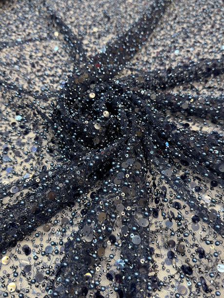 Beaded Sequin Pearl Mesh Lace Navy