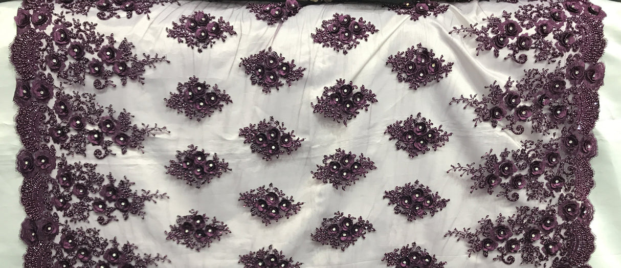 3D Floral Beaded Rhinestone Polyester Lace Fabric - Black, Silver, Pink, 3D Floral Embroidery, 54" Wide (1 Yard)