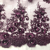 3D Floral Beaded Rhinestone Polyester Lace Fabric - Black, Silver, Pink, 3D Floral Embroidery, 54" Wide (1 Yard)
