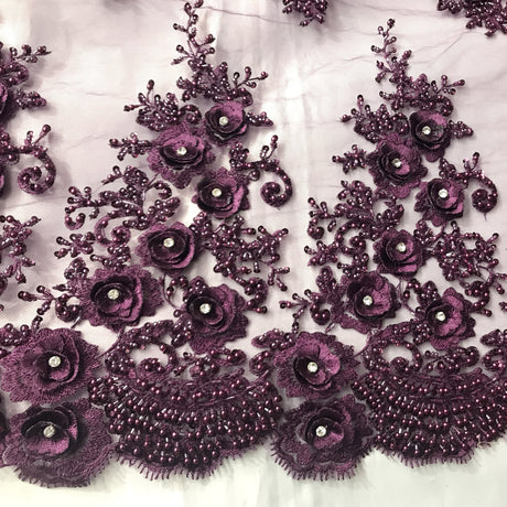 3D Floral Beaded Rhinestone Polyester Lace Fabric - Black, Silver, Pink, 3D Floral Embroidery, 54" Wide (1 Yard)