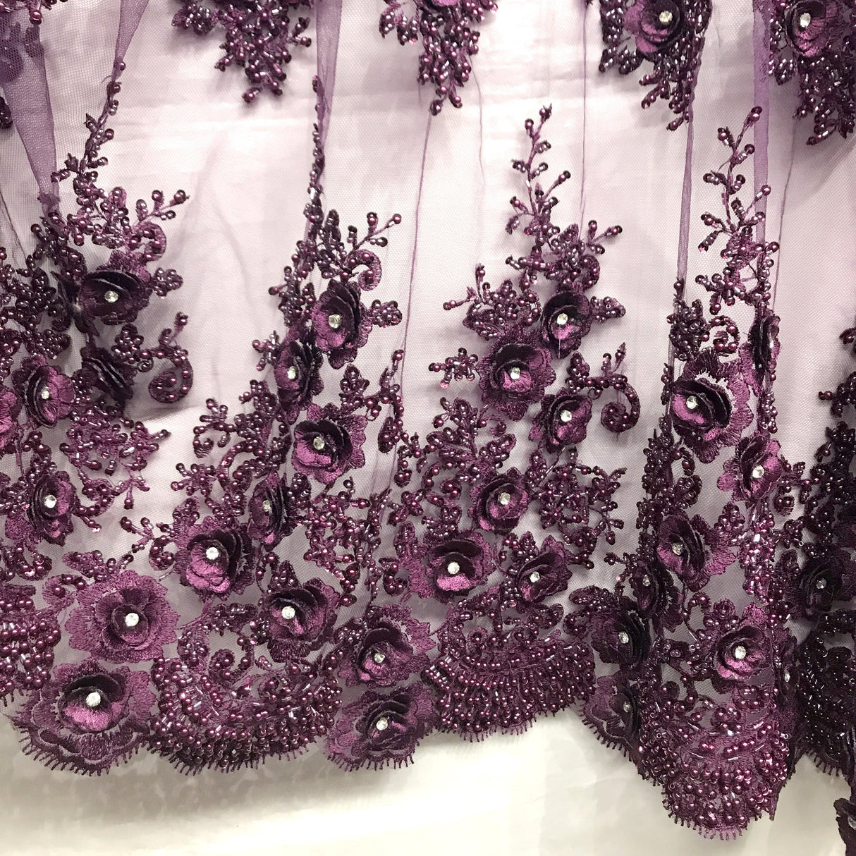 Beaded Rhinestone 3D Floral Lace Fabric 54" Wide