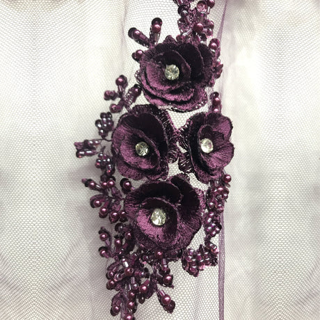 3D Floral Beaded Rhinestone Polyester Lace Fabric - Black, Silver, Pink, 3D Floral Embroidery, 54" Wide (1 Yard)