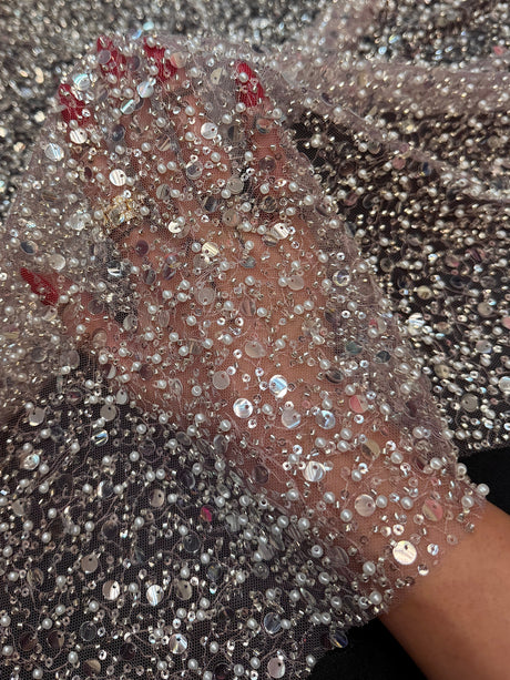 Beaded Sequin Pearl Mesh Lace Powder Pink