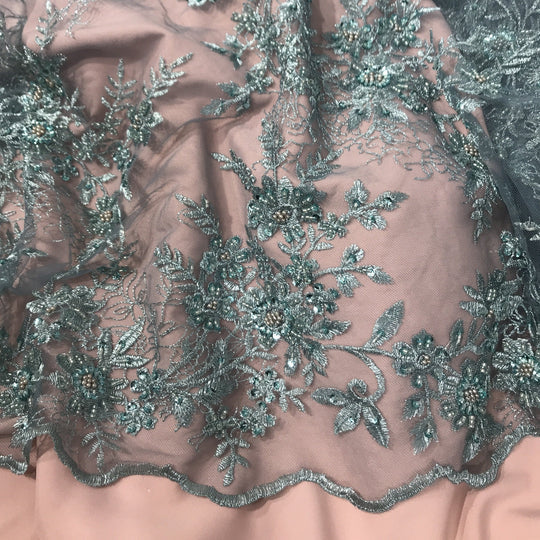 1 Yard Elegant Beaded Floral Lace Fabric Embroidered on 100% Polyester Net Mesh – Silver – 51"