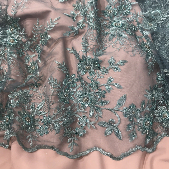 Beaded Floral Lace Fabric on Polyester Net Mesh