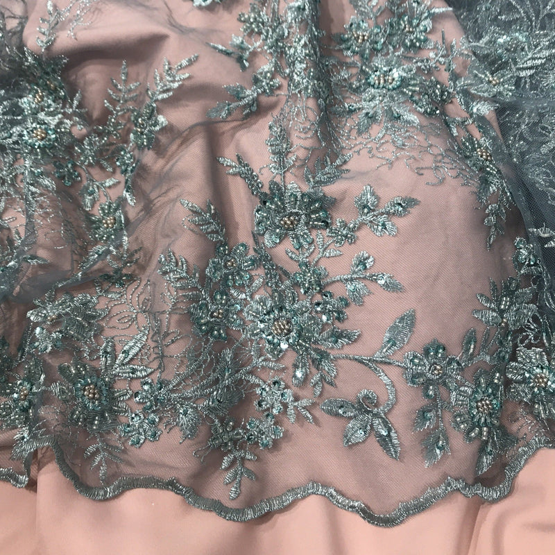 Beaded Floral Lace Fabric Embroidered On 100 Percent Polyester Net Mesh - Gold, Silver, Dark Sage, Floral Beaded Embroidery, 51" Wide (1 Yard)