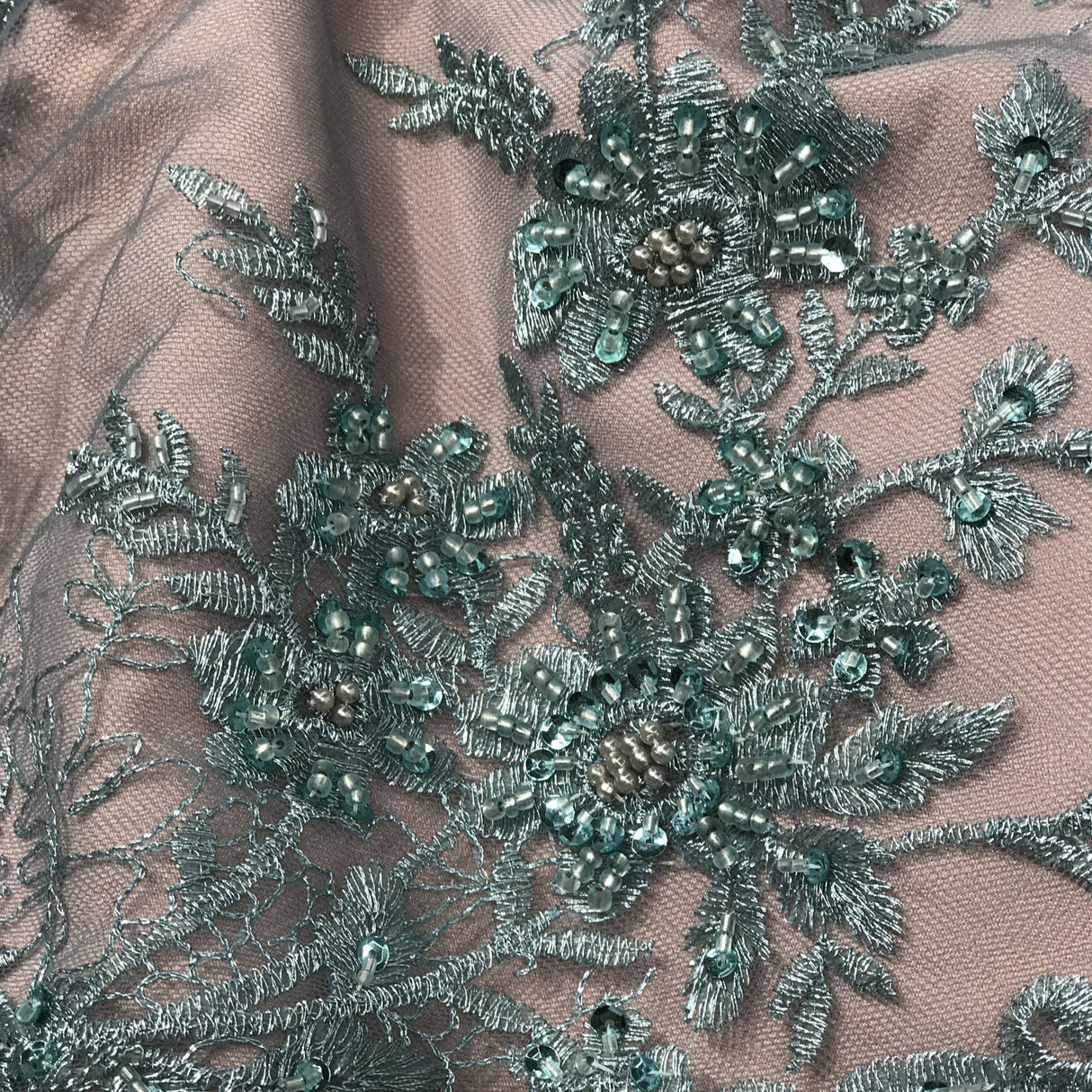 Beaded Floral Lace Fabric on Polyester Net Mesh