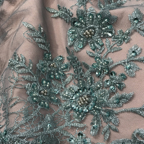 Beaded Floral Lace Fabric on Polyester Net Mesh