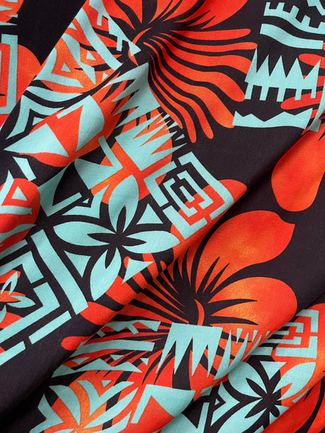 Hibiscus Geometric Floral Design Rayon Fabric - Red, Blue & Yellow, Orange, Purple, Gray, Orange & Pastel Blue, 45" Width (1 Yard)