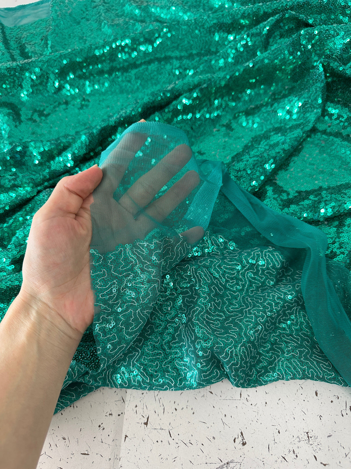 Stretch Sequin on Mesh Teal Green