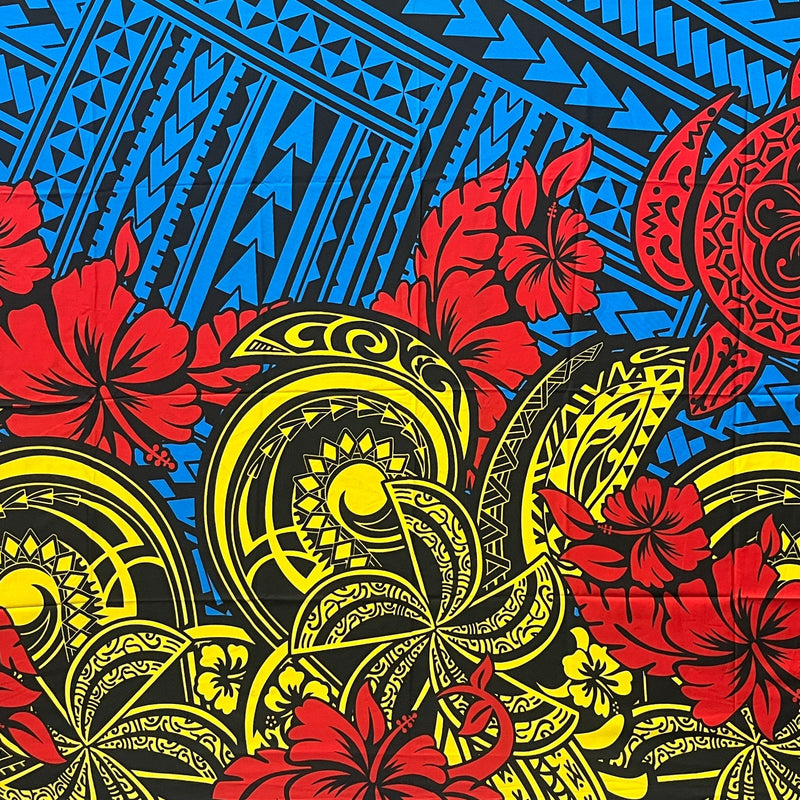 Multicolor Polynesian Tattoo Sarong Polyester Fabric - Red, Yellow, Gray, Navy, Blue Polynesian Tattoo Print, 72" L x 45" W (1 Piece)