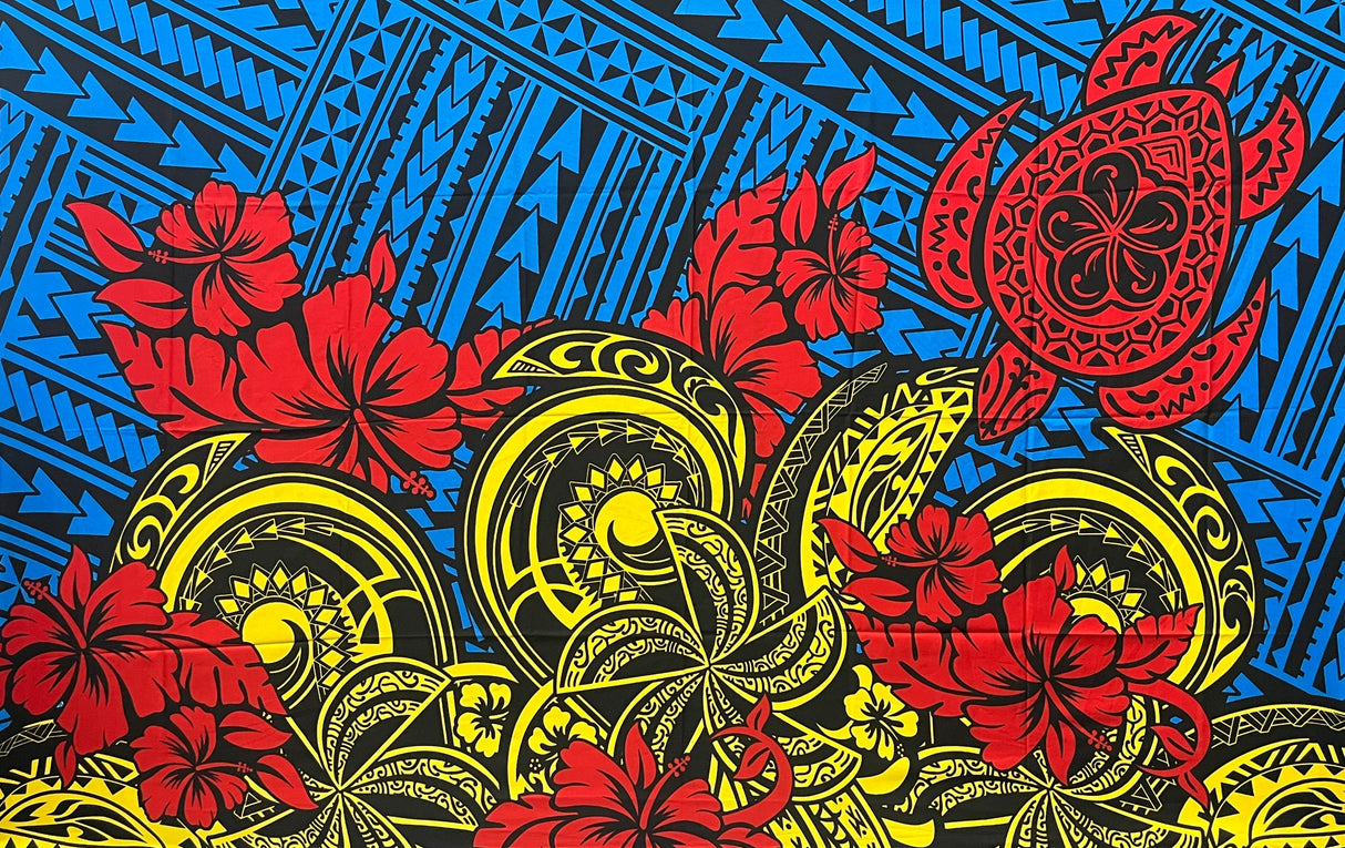 Multicolor Polynesian Tattoo Sarong Polyester Fabric - Red, Yellow, Gray, Navy, Blue Polynesian Tattoo Print, 72" L x 45" W (1 Piece)