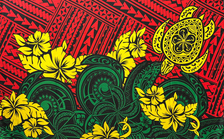 Multicolor Polynesian Tattoo Sarong Polyester Fabric - Red, Yellow, Gray, Navy, Blue Polynesian Tattoo Print, 72" L x 45" W (1 Piece)