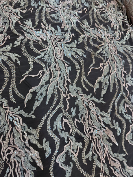 Beaded Sequin Lace Blush-Mint Abstract Leaf