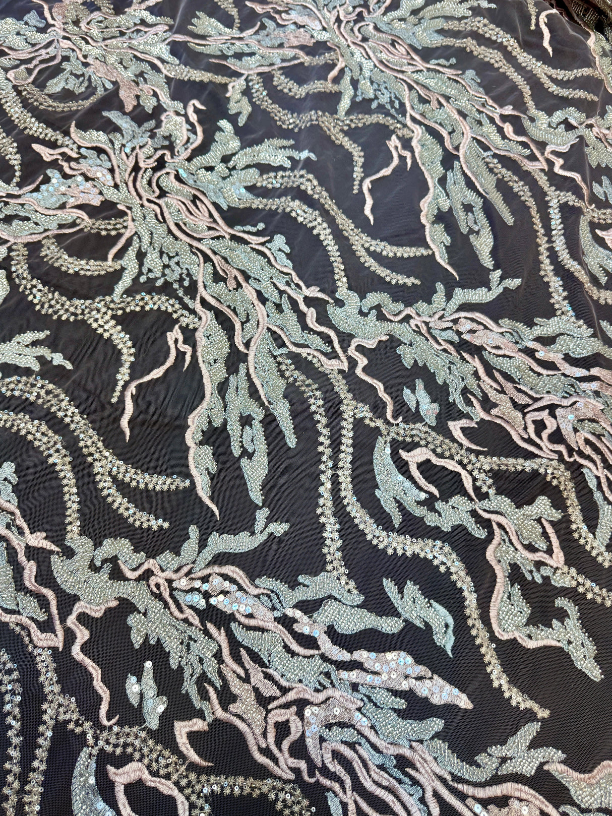 Beaded Sequin Lace Blush-Mint Abstract Leaf