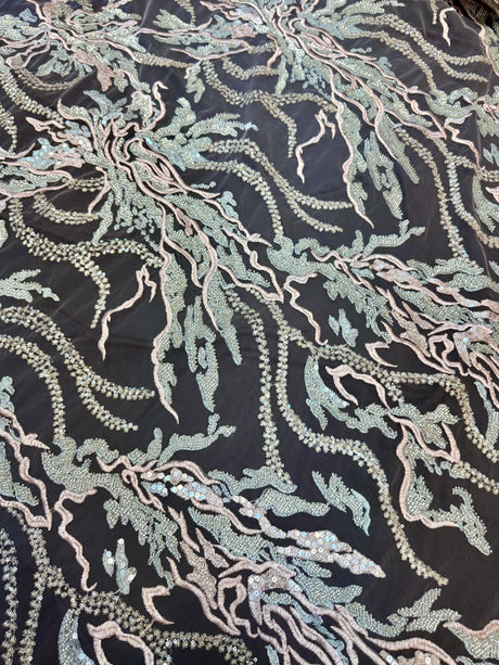 Beaded Sequin Lace Blush-Mint Abstract Leaf
