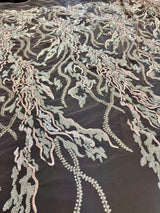Beaded Sequin Lace Blush-Mint Abstract Leaf