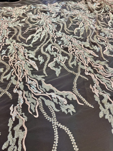 Beaded Sequin Lace Blush-Mint Abstract Leaf