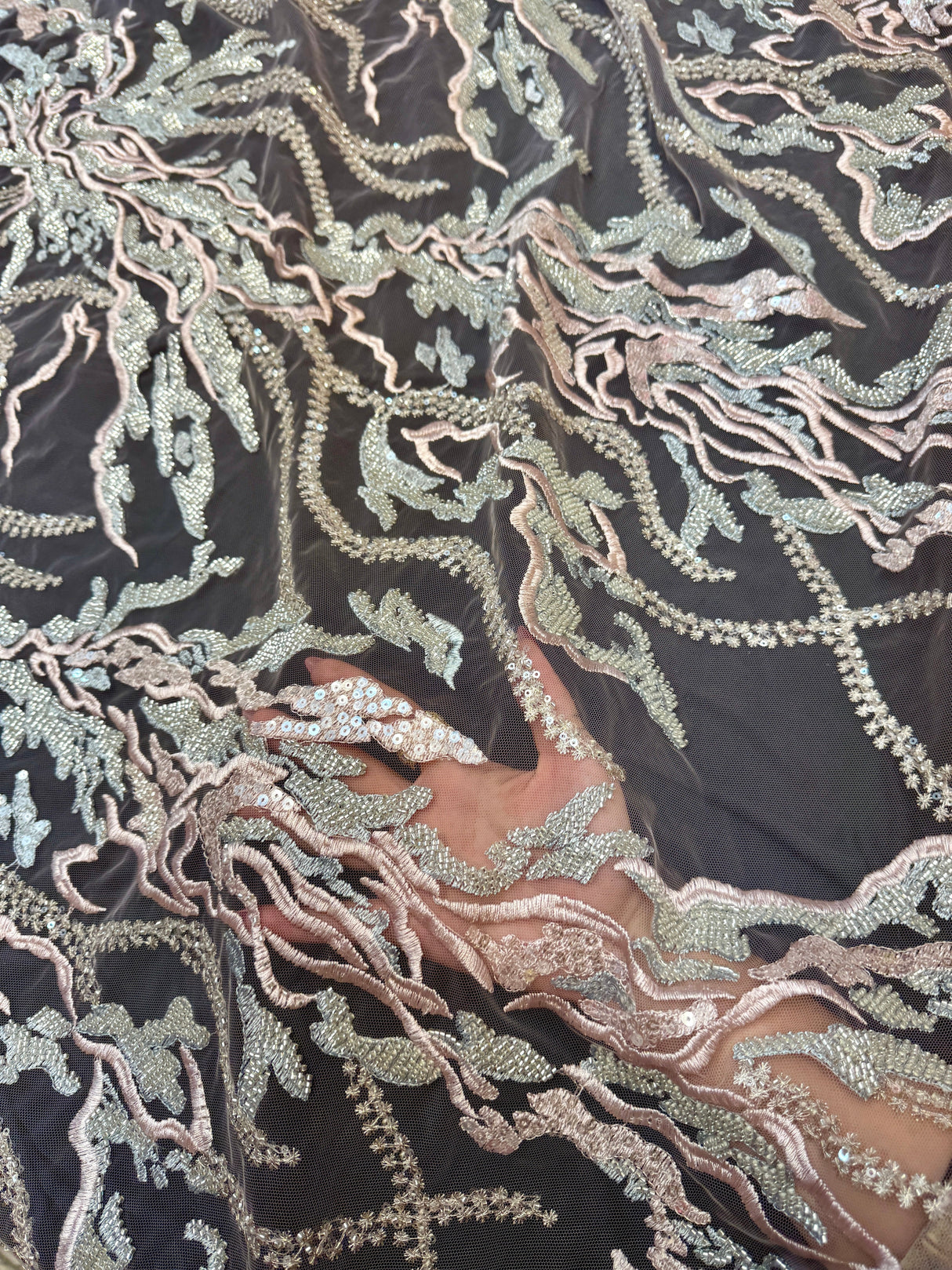 Beaded Sequin Lace Blush-Mint Abstract Leaf