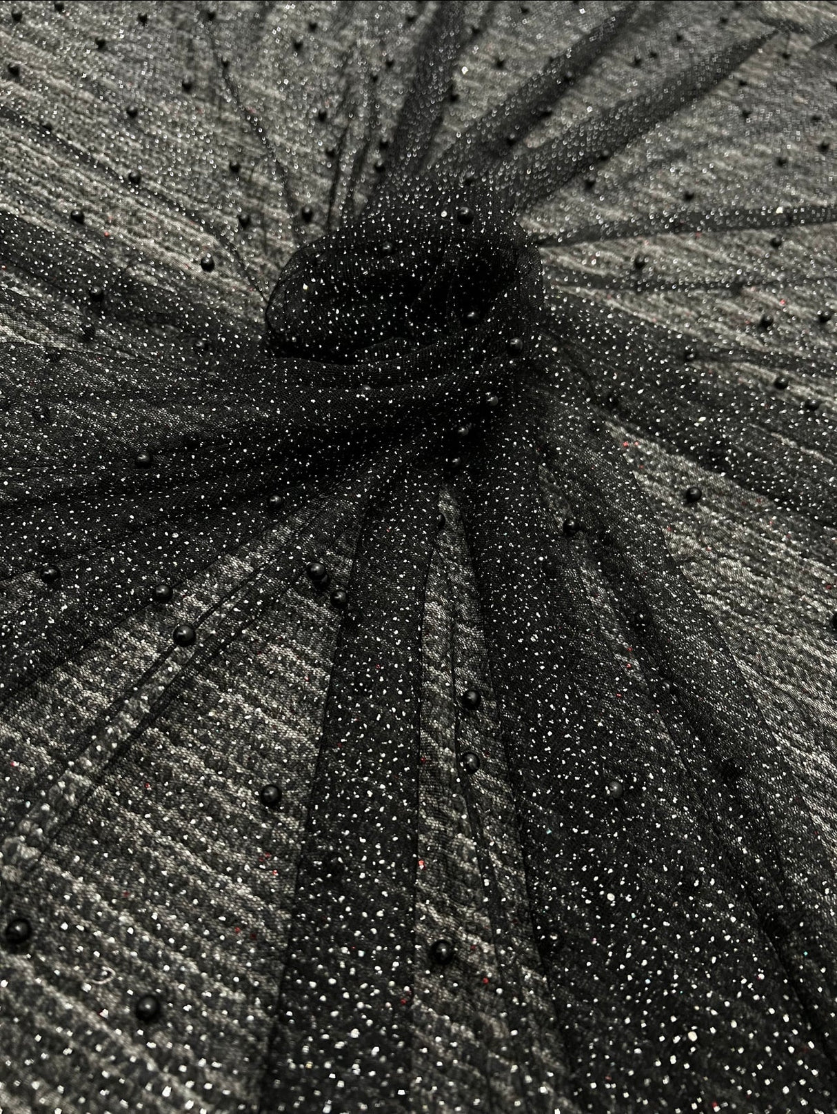 Black Pearl Beaded Glittery Mesh Tulle