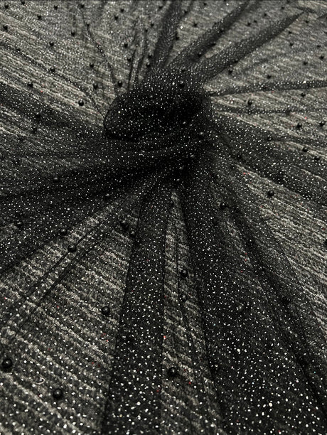 Black Pearl Beaded Glittery Mesh Tulle