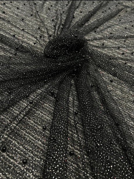 Black Pearl Beaded Glittery Mesh Tulle