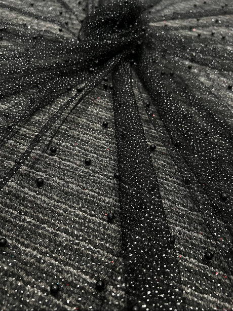 Black Pearl Beaded Glittery Mesh Tulle