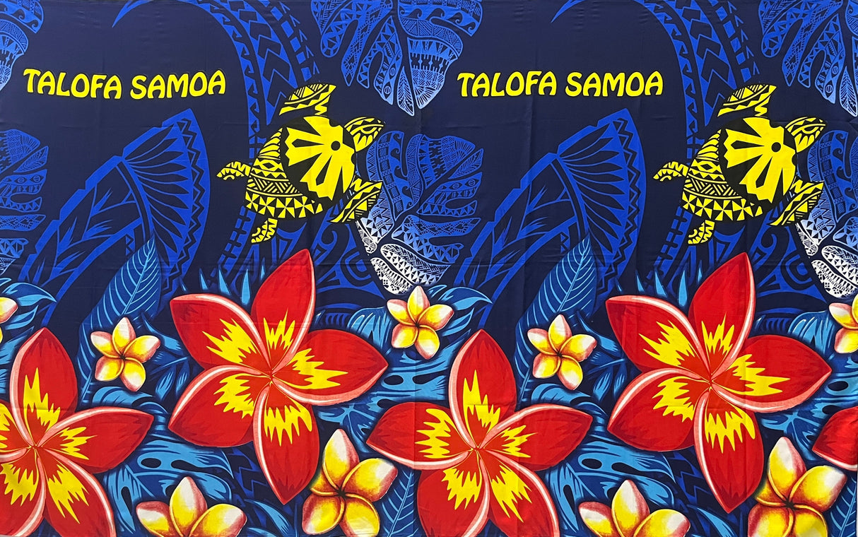 Talofa Samoa Plumeria Flower Sarong Polyester Fabric - Tribal Tattoo Design, Monstera Leaves, Plumeria Flower Border, 72" L X 45" W (1 Piece)
