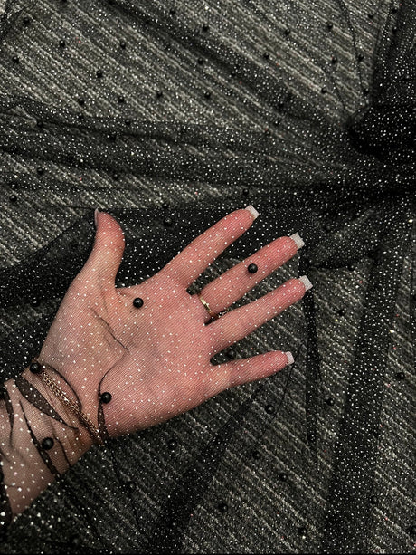 Black Pearl Beaded Glittery Mesh Tulle