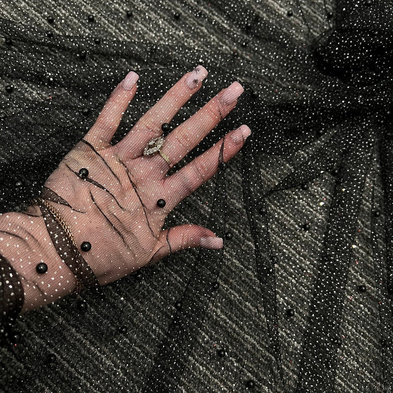 Black Pearl Beaded Glittery Mesh Tulle