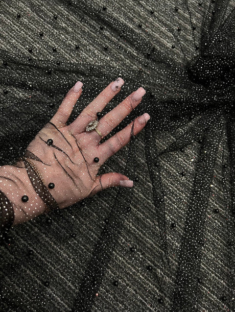 Black Pearl Beaded Glittery Mesh Tulle
