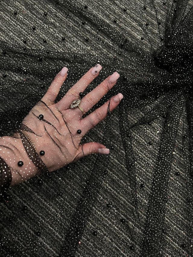 Black Pearl Beaded Glittery Mesh Tulle