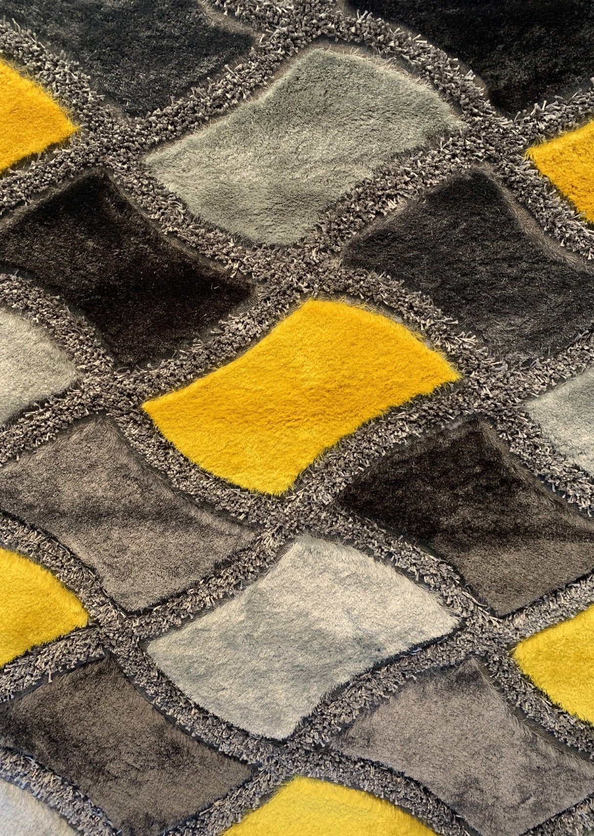 Plush Fluffy Soft Shinny Multi Textural Shag Rug - Yellow, Black, Gray, 1.5" High Pile (7'6" X 10'3")