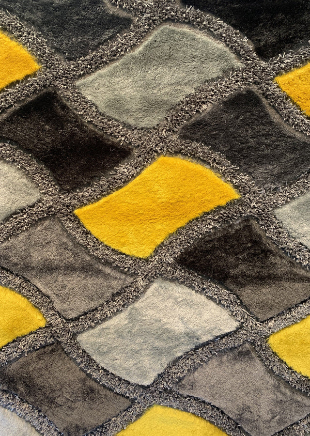 Plush Fluffy Soft Shinny Multi Textural Shag Rug - Yellow, Black, Gray, 1.5" High Pile (7'6" X 10'3")