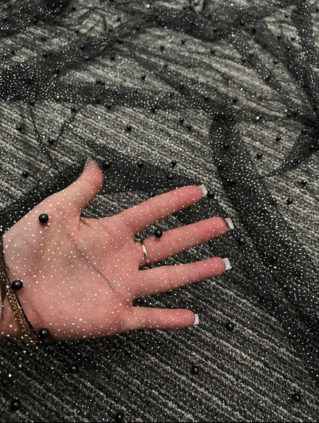Black Pearl Beaded Glittery Mesh Tulle