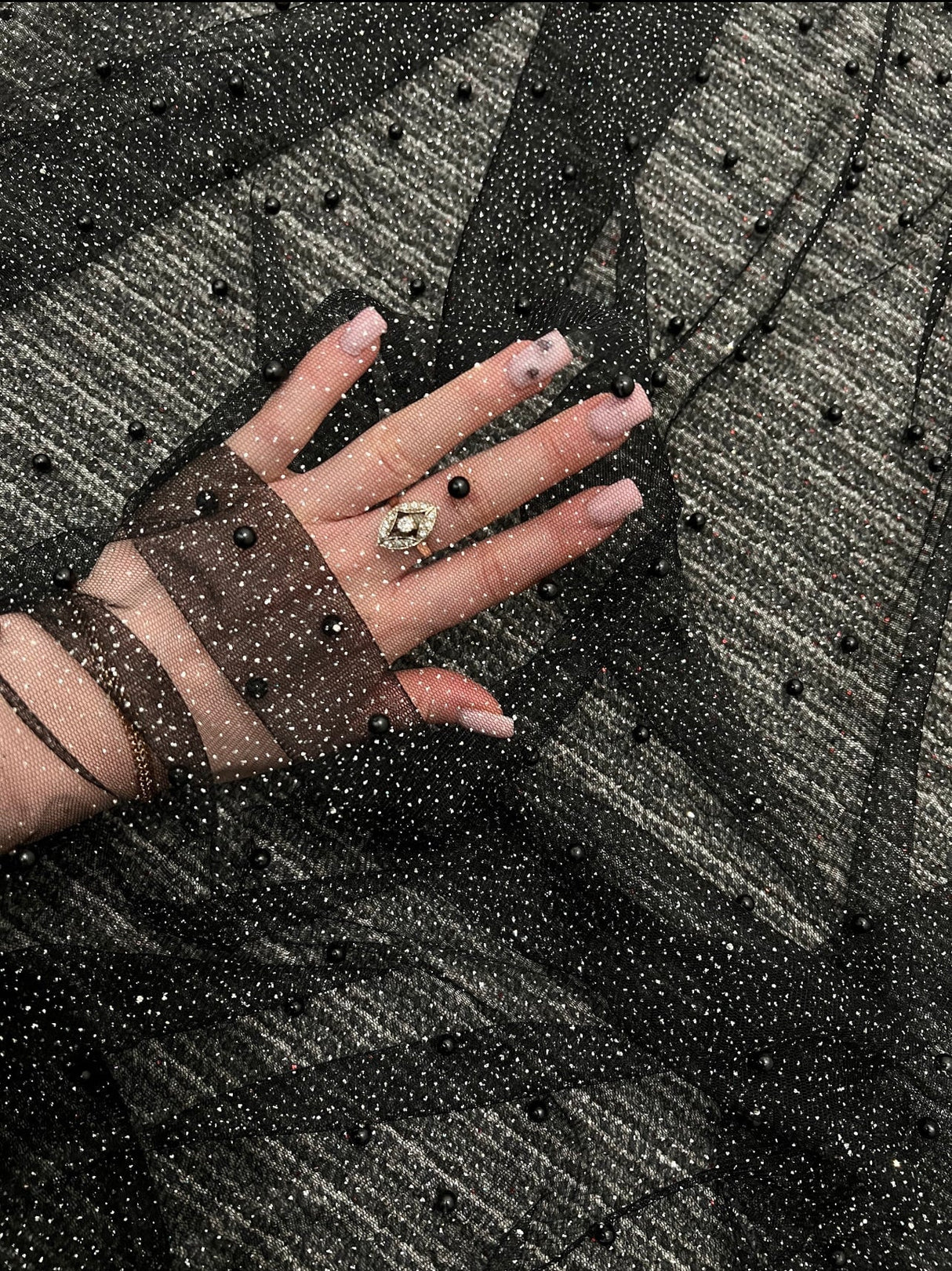 Black Pearl Beaded Glittery Mesh Tulle