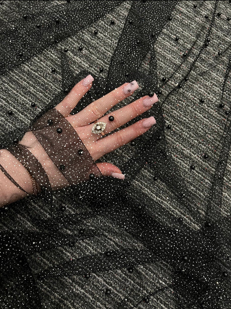 Black Pearl Beaded Glittery Mesh Tulle