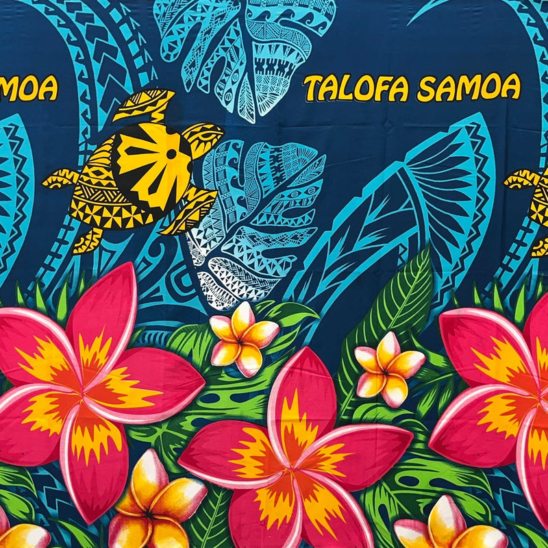 Talofa Samoa Plumeria Flower Sarong Polyester Fabric - Tribal Tattoo Design, Monstera Leaves, Plumeria Flower Border, 72" L X 45" W (1 Piece)