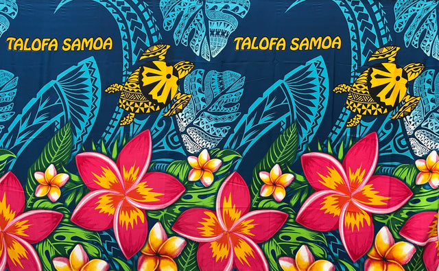 Talofa Samoa Plumeria Flower Sarong Polyester Fabric - Tribal Tattoo Design, Monstera Leaves, Plumeria Flower Border, 72" L X 45" W (1 Piece)