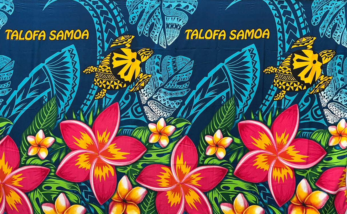 Talofa Samoa Plumeria Flower Polyester Fabric - Tribal Tattoo, Monstera Leaves, Plumeria Flower Border, 72" L X 45" W (1 Piece)