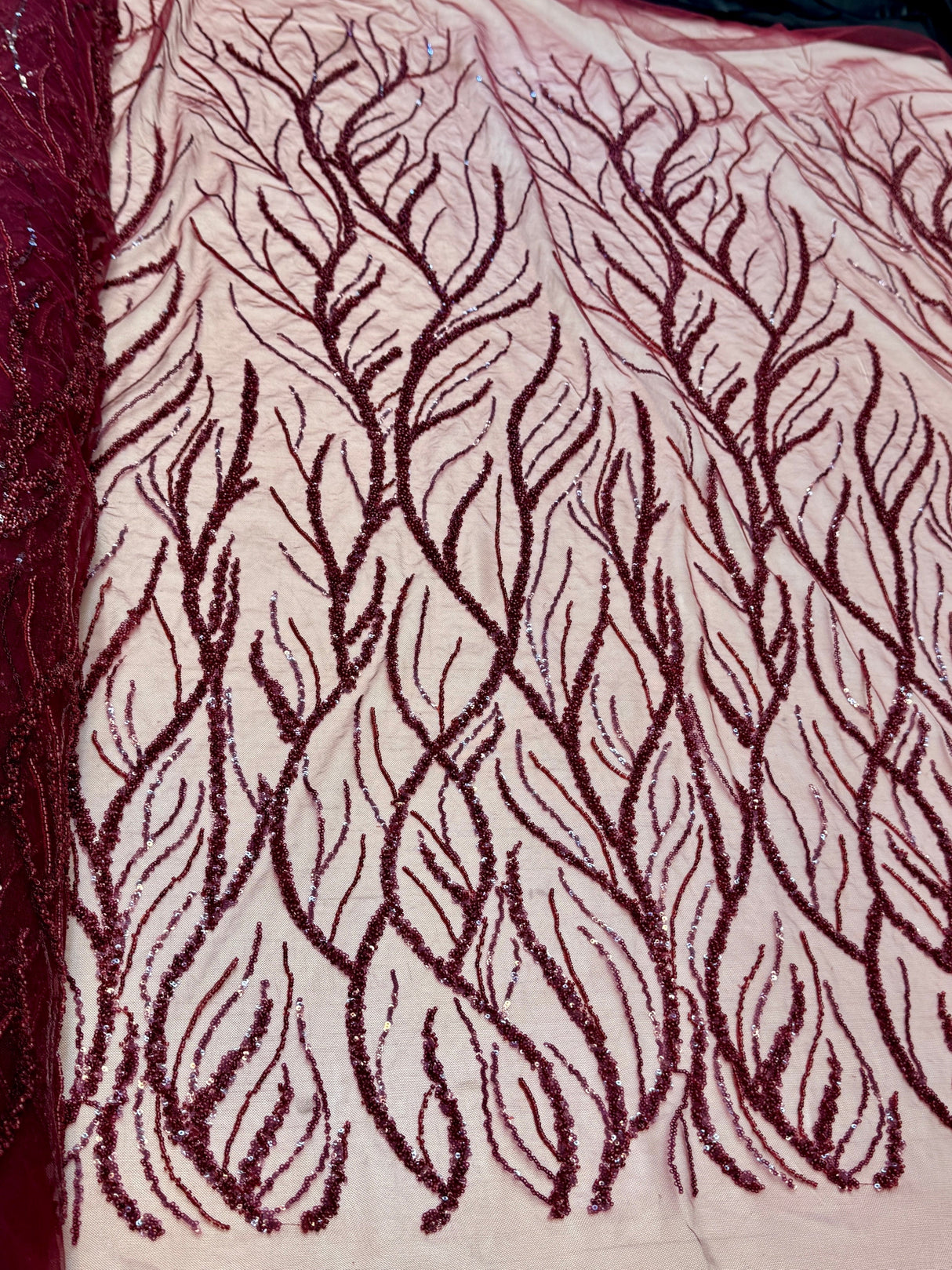 Beaded Sequin Lace on Mesh Burgundy