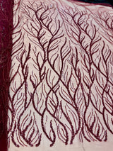 Beaded Sequin Lace on Mesh Burgundy