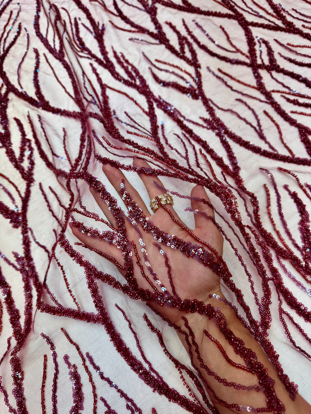 Beaded Sequin Lace on Mesh Burgundy