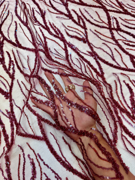 Beaded Sequin Lace on Mesh Burgundy