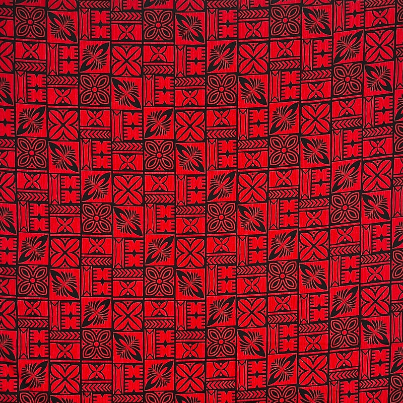 Traditional Polynesian Tapa Pattern Cotton Fabric - Red And Black Tapa Pattern, 36" X 45" (1 Yard)